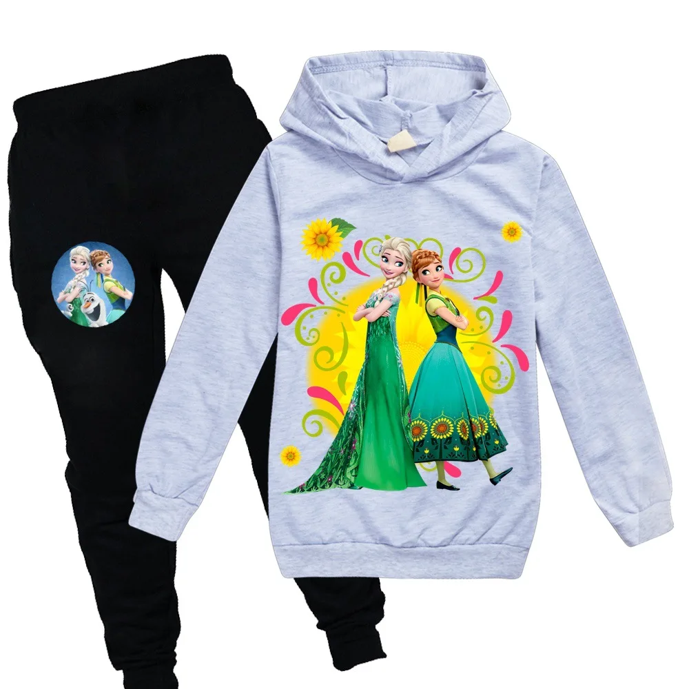 Disney Cute Frozen Elsa Print Hoodie Pants Set Coat Trousers Hoody Sweatshirt Clothes for Girls Kids Home Clothing | Детская одежда и