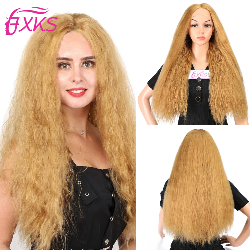 

Blonde Gold Synthetic Lace Front Wigs Natural Kinky Straight Curly Synthetic Lace Wigs Middle Part Natural Hairline 26Inch FXKS