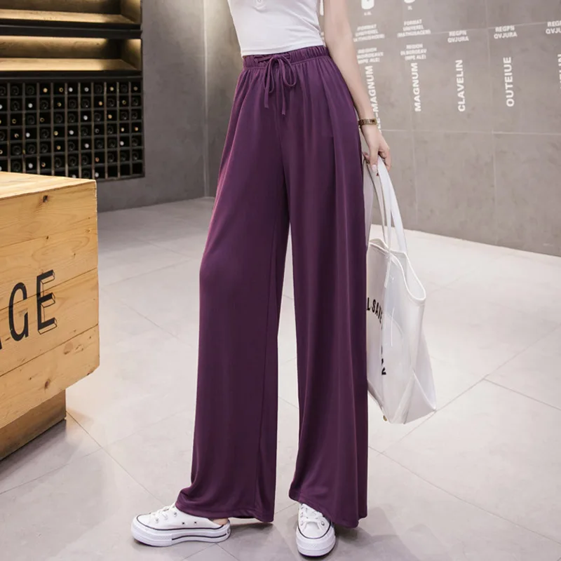 

Slacks Women Loose Summer Pants Soft Ice Silk Ankle-Length Solid Color Wide Leg Pants High Quality High Waisted Trousers Female