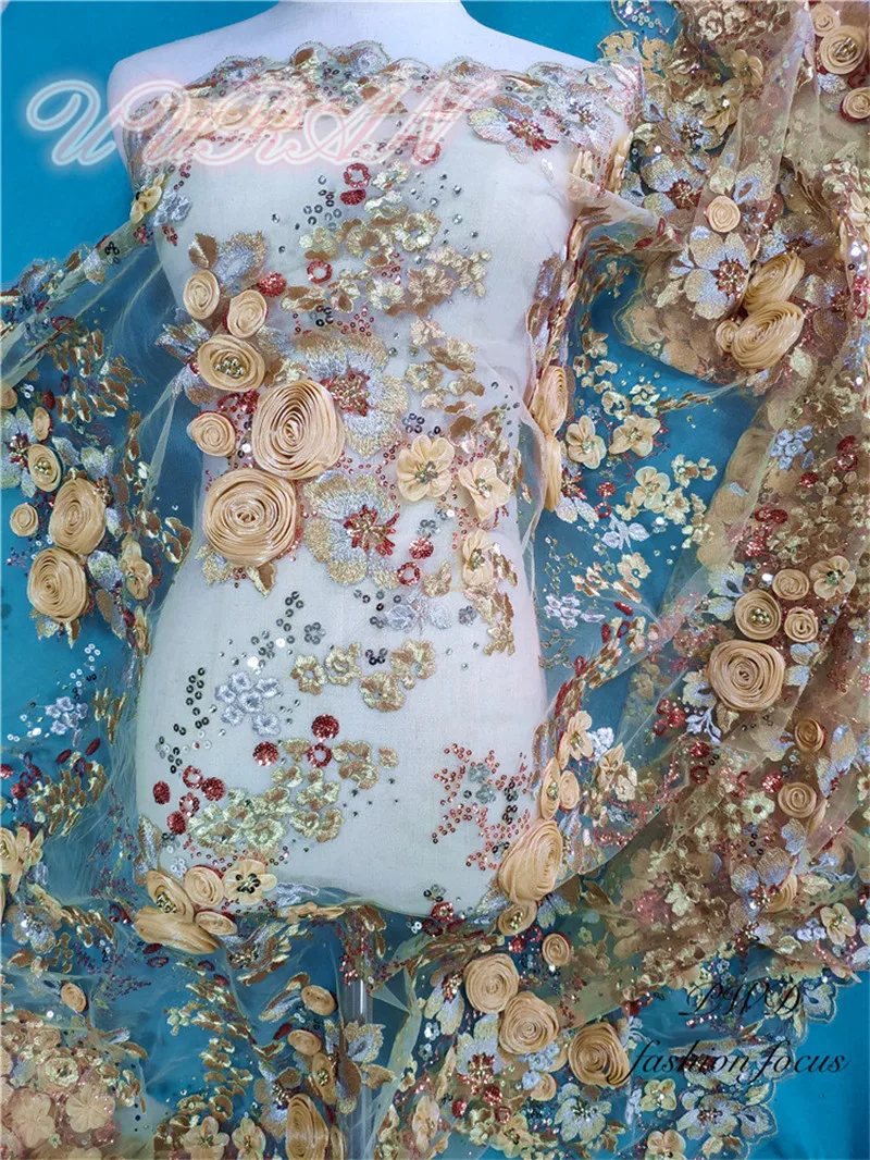 

Золотая африканская французская сетка, высокое качество, швейцарский гипюр, для невесты, 3d цветок, тюль, сетка, кружево, вышитое бисером, тка...