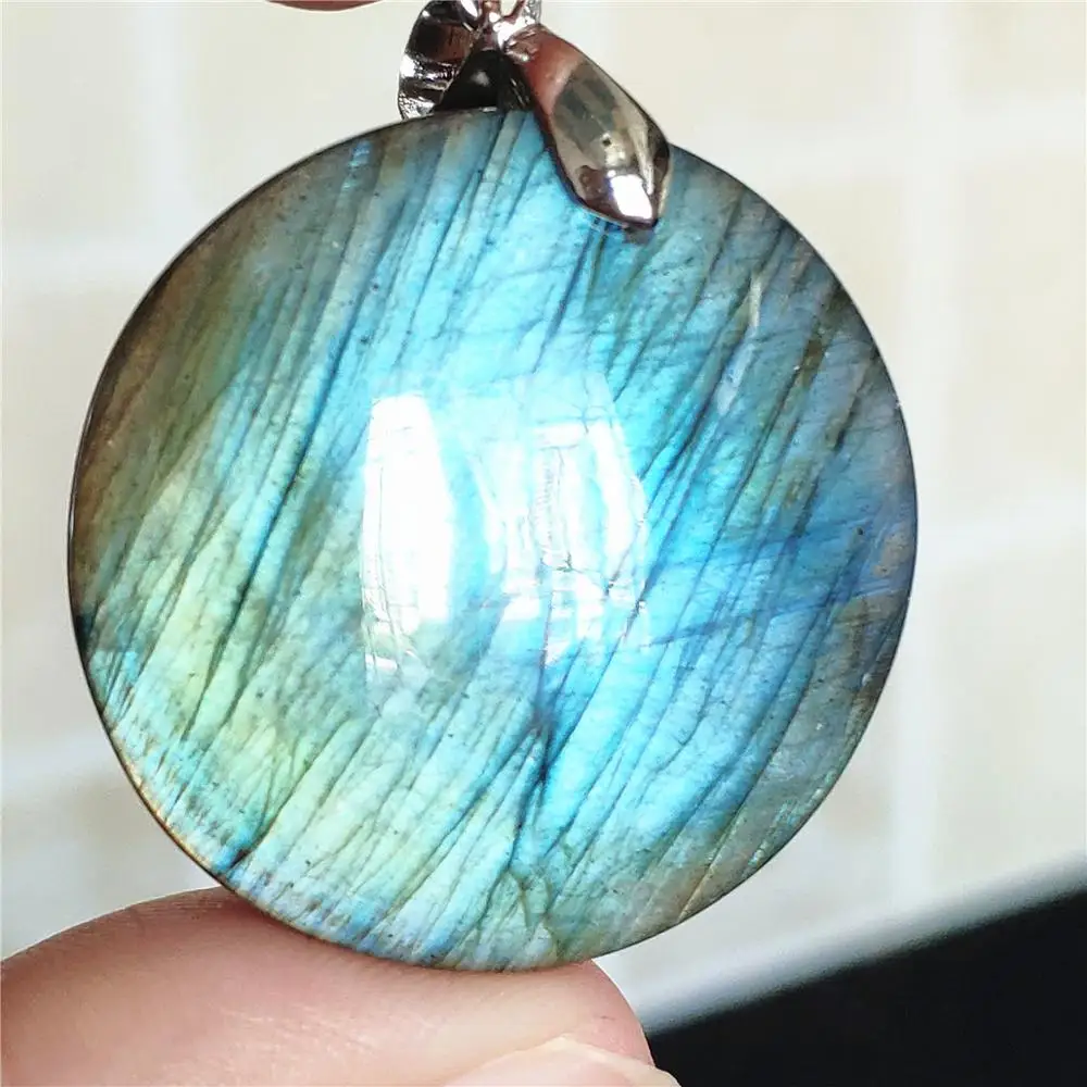 

Genuine Natural Blue Light Labradorite Women Men Pendant 33x8mm Round Rainbow Labradorite Gemstone Necklace Jewelry AAAAA