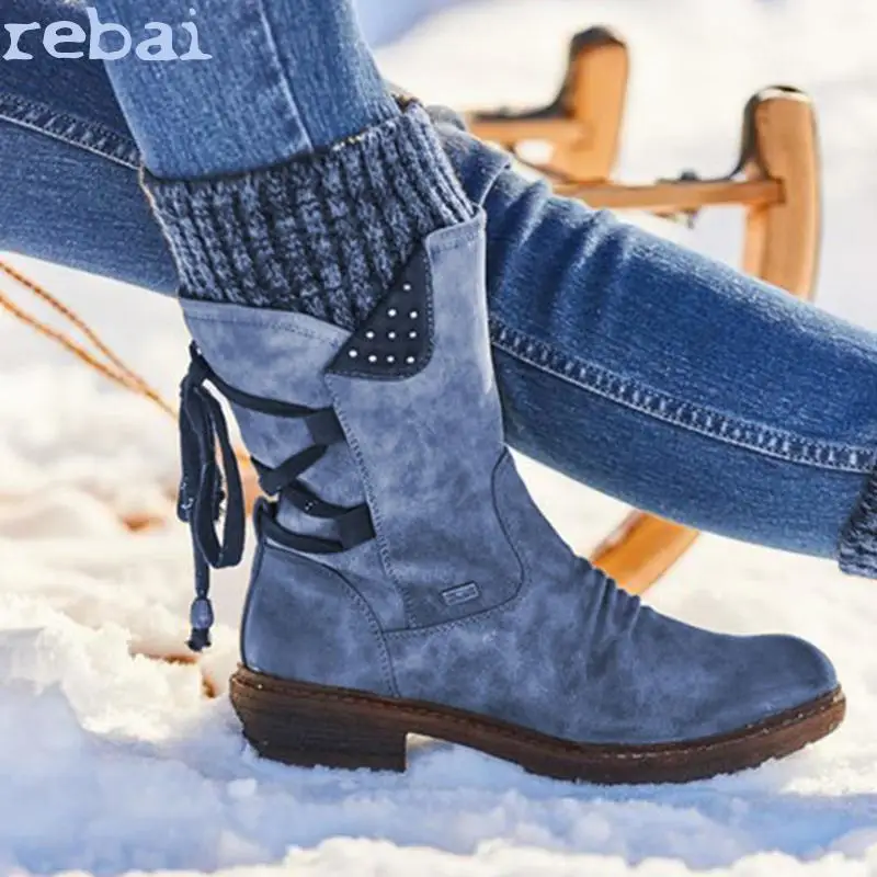 

2020 Women Winter Mid-Calf Boot Flock Winter Shoes Ladies Fashion Snow Boots Shoes Thigh High Suede Warm Botas Zapatos De Mujer