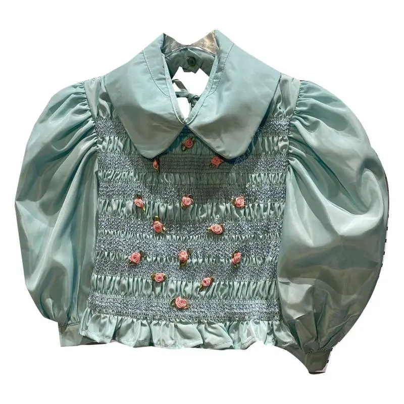 

021 Summer New Little Flower Pleated Back Drawstring Hollow Puff Sleeve Short Shirt Top