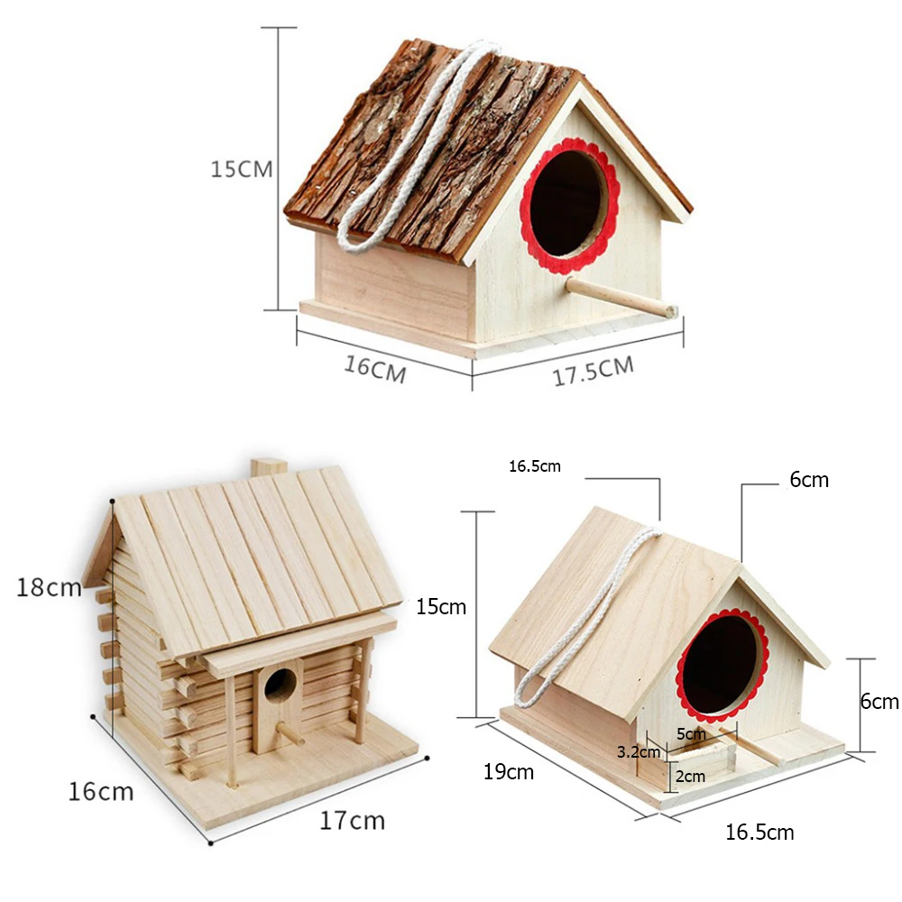 3 Designs Wooden Garden Birdhouse Wood Bird Cage Breeding Box for Outdoor Indoor Hanging Decoration