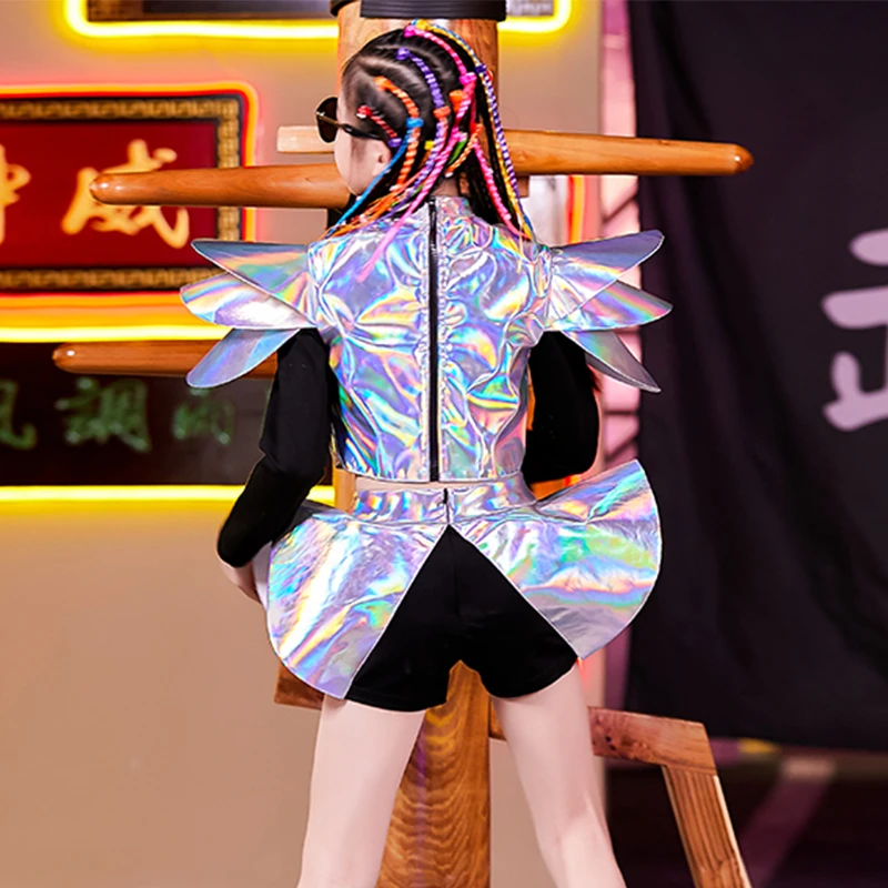 

2021 Girls Jazz Dance Costumes Silver Catwalk Clothing Stage Outfits Children Hip Hop Dancing Cheerleader Performance Wear