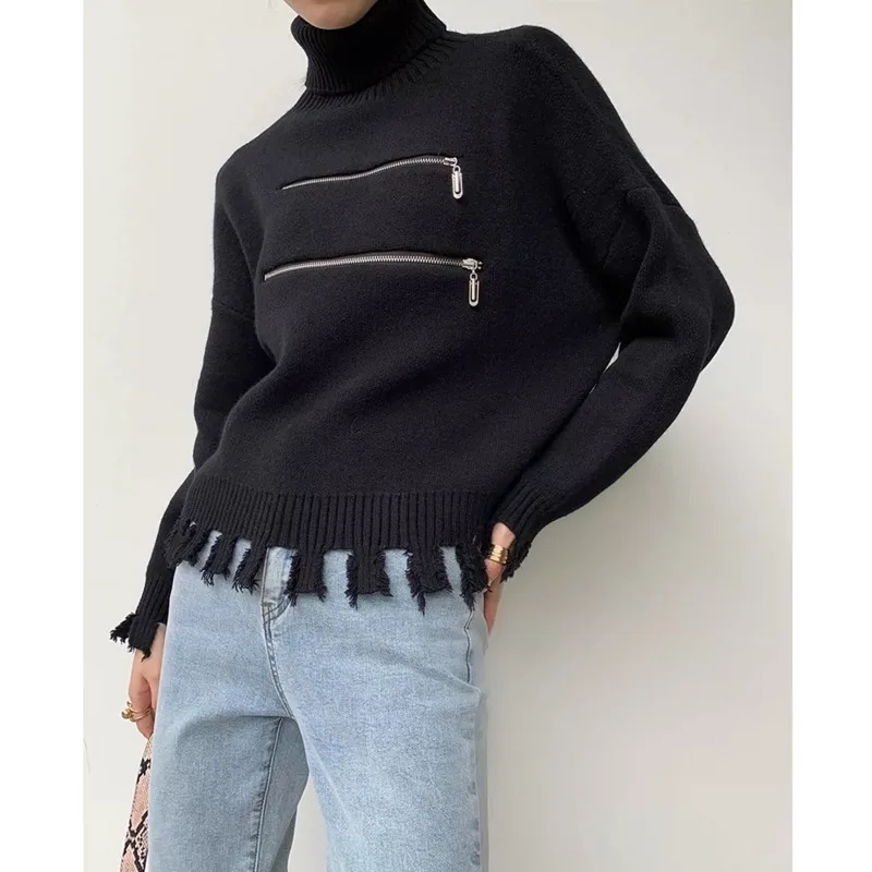 

SXGOTH Fairy Grunge Готический свитер Zip Up Turtle Черная Женская одежда с высоким воротом Корейская шерстяная рваная в стиле Харадзюку
