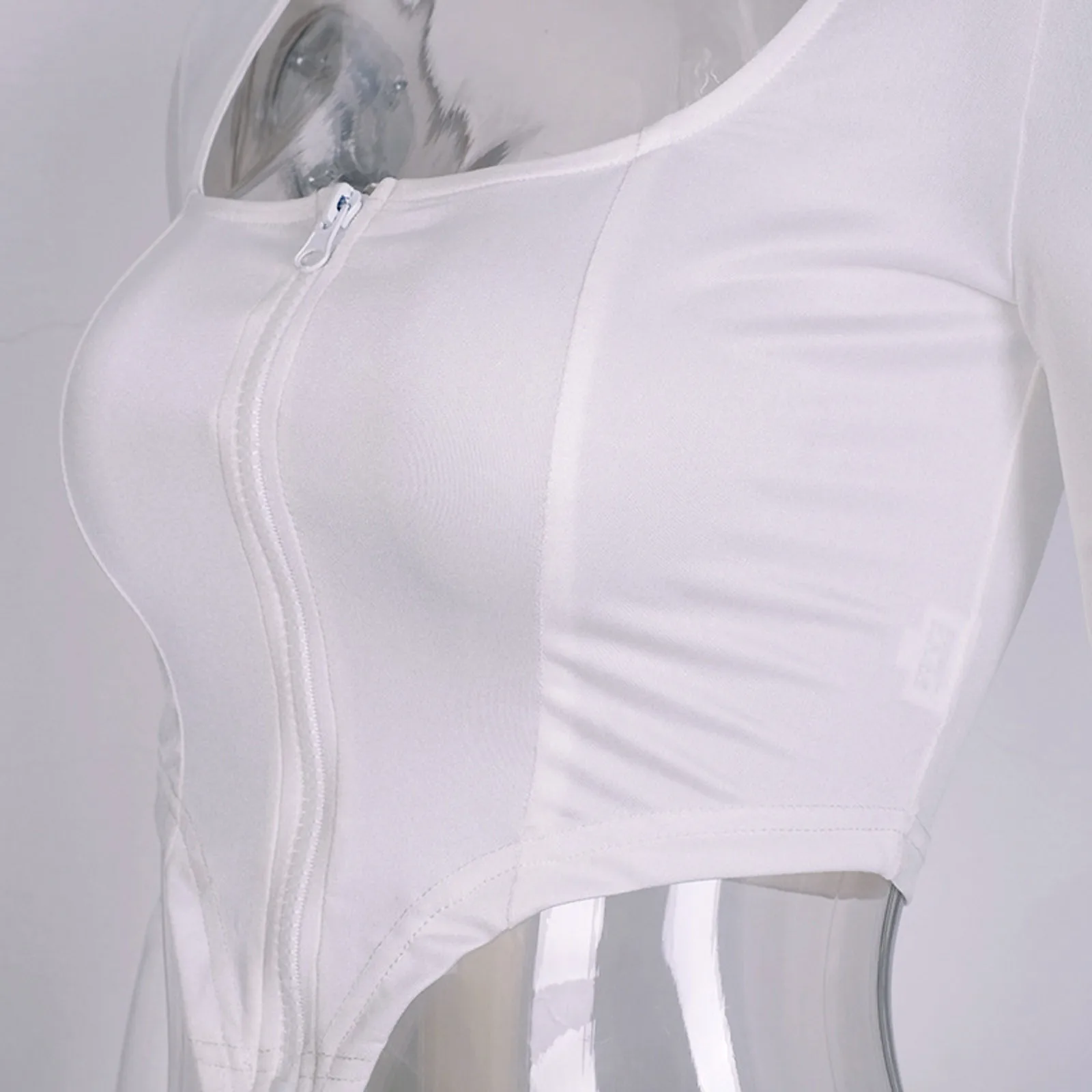 

Elegant Square Collar Women Autumn Shirts Solid Color Sleeve Slim Blouses Tops Sexy Zipper Open Navel Long Sleeve Top