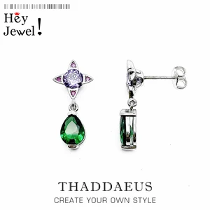 Серьги-гвоздики женские, геометрические, зеленые, с фиолетовой звездой, из серебра 2020 пробы, лето 925 пробы г.