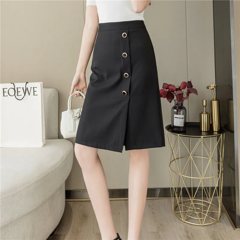 

Women Spring Summer Elegant High Waist OL Skirts 2021 New Fashion Single Breasted Slit Midi Long Skirt Female Black Pencil Skirt
