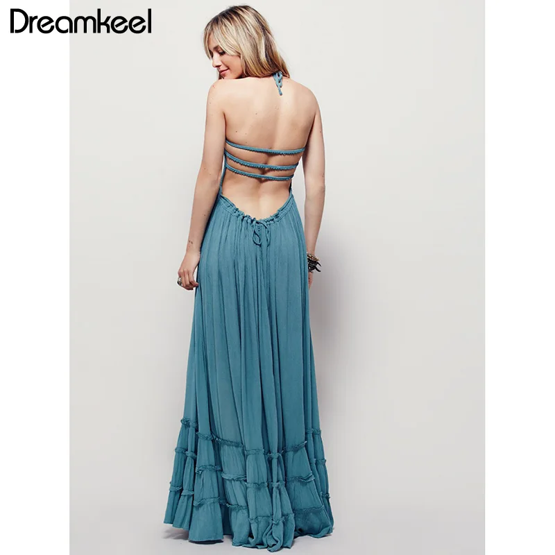 Летнее пляжное платье с открытой спиной без рукавов завязками на талии макси