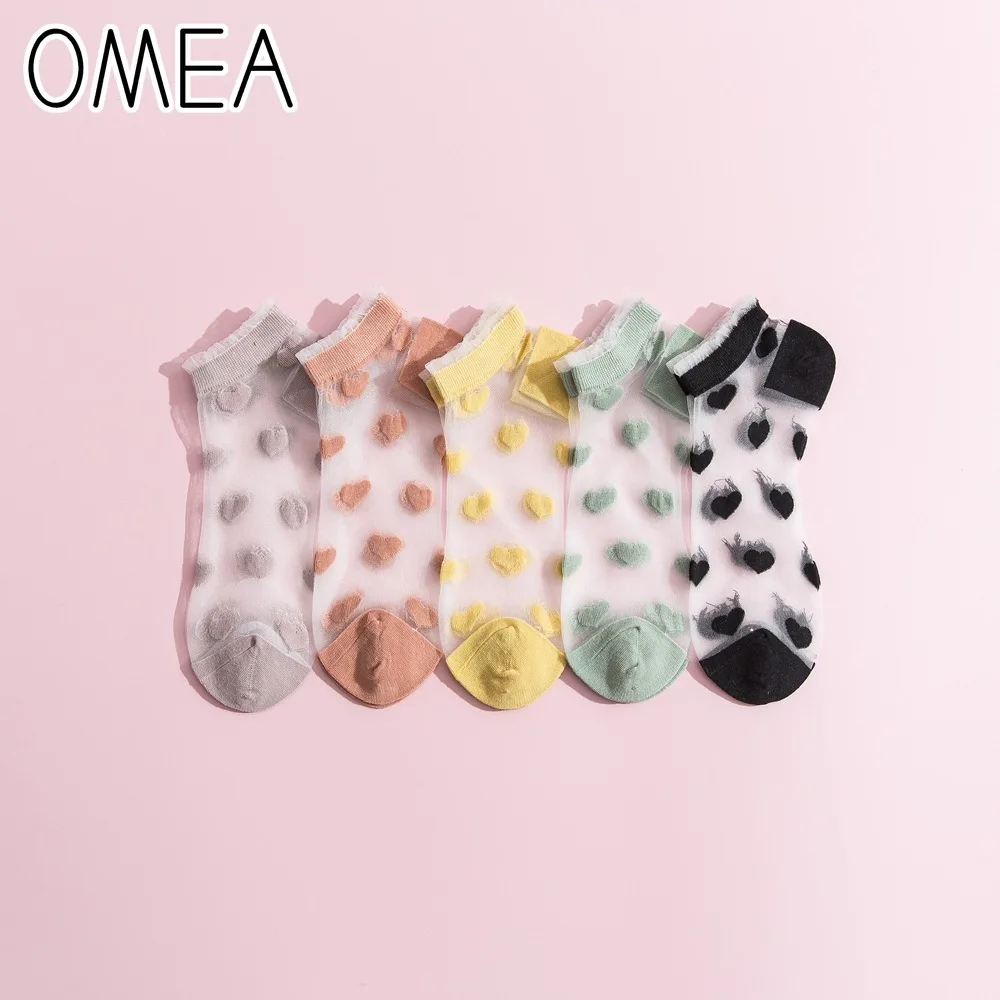 

OMEA прозрачные носки до лодыжки Для женщин 5 пар ультра тонкие кружевные носки для девочек короткие незаметные носки Стекло шелка с принтом о...