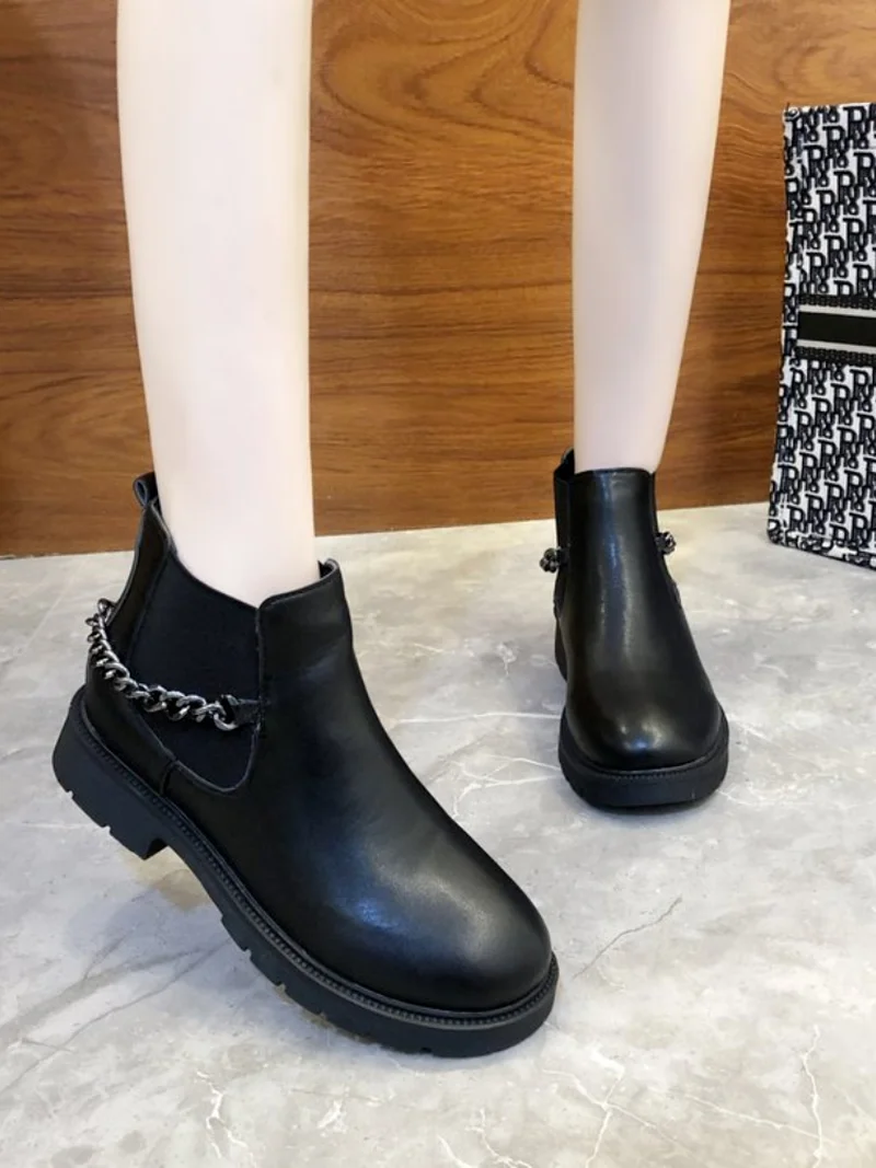 

2021 Women's Winter Ankle Chelsea Boots Females Thick Bottom Non-Slip Round Toe Metal Chain Keep Warm Fashion Elegant Shoes New