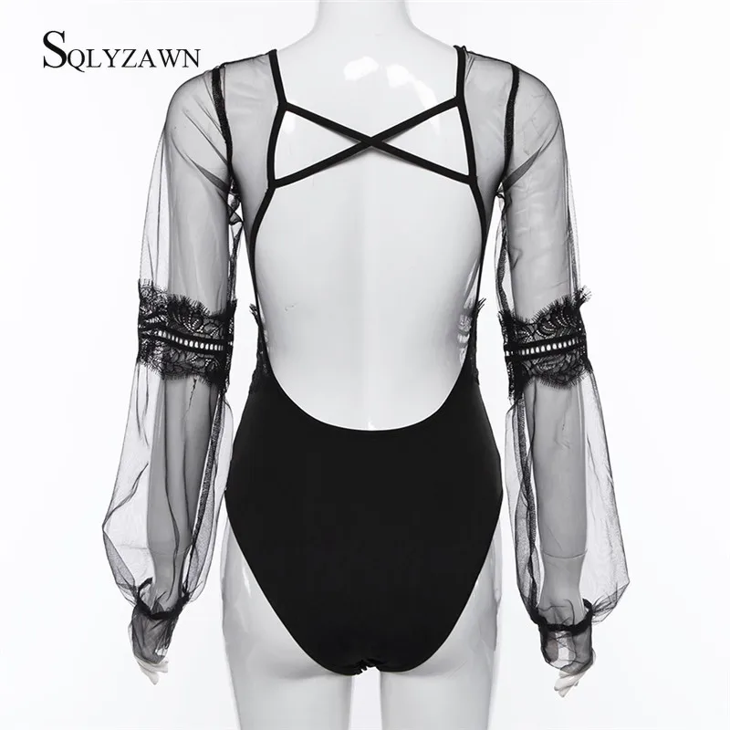 

Mesh Sheer Lace Bodysuit Sexy V-Neck Long Sleeve Jumpsuits for Women 2020 Teddies Catsuits Fashion Body Mujer Party Clubwear