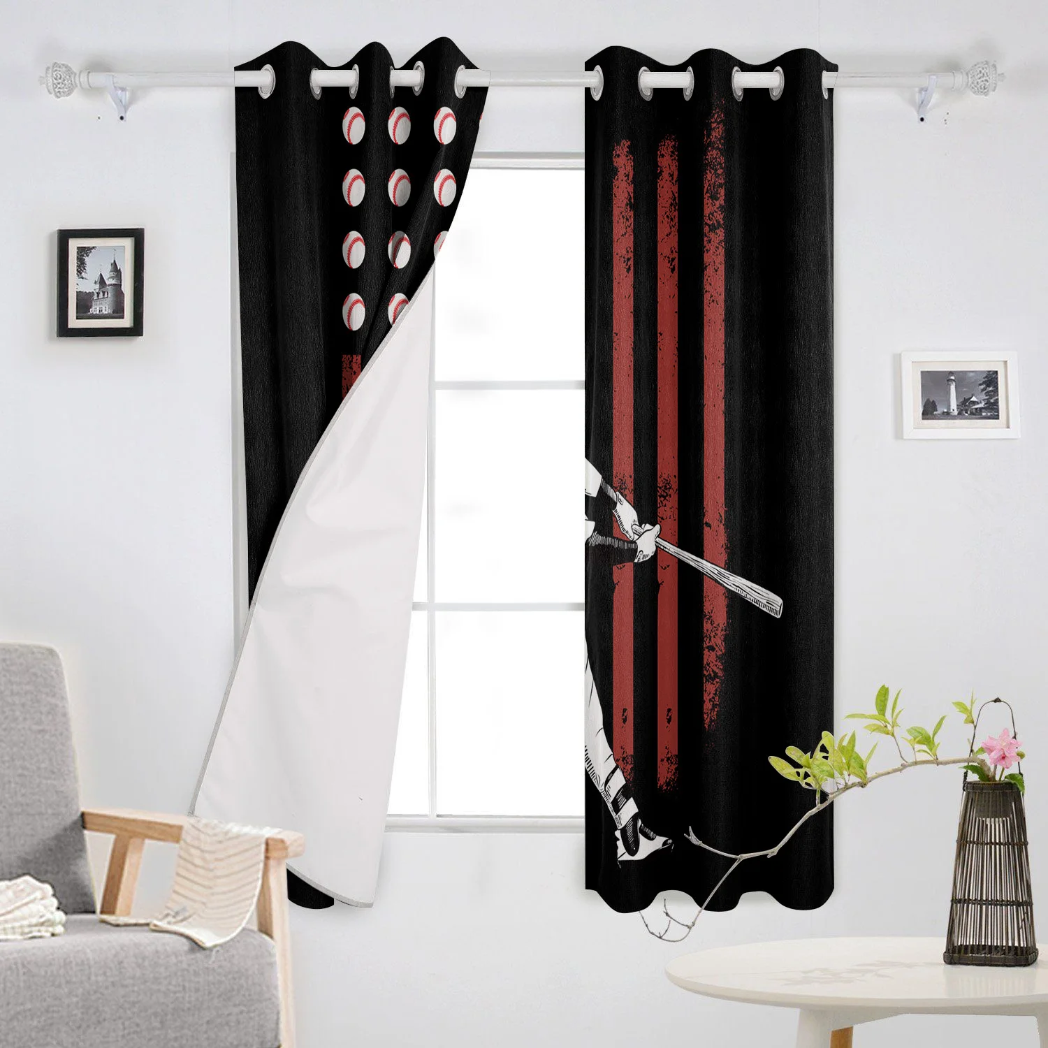 Занавеска на окно Спортивная Черная бейсбольная занавеска с американским флагом