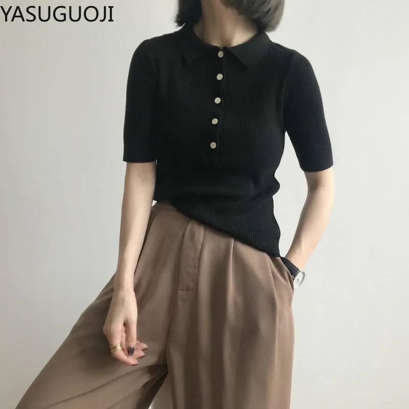 

YASUGUOJI Short-Sleeved Knitted Sweater Women's 2020 Autumn New Korean-Style Chic Slim Polo Lapel Bottoming Shirt P827