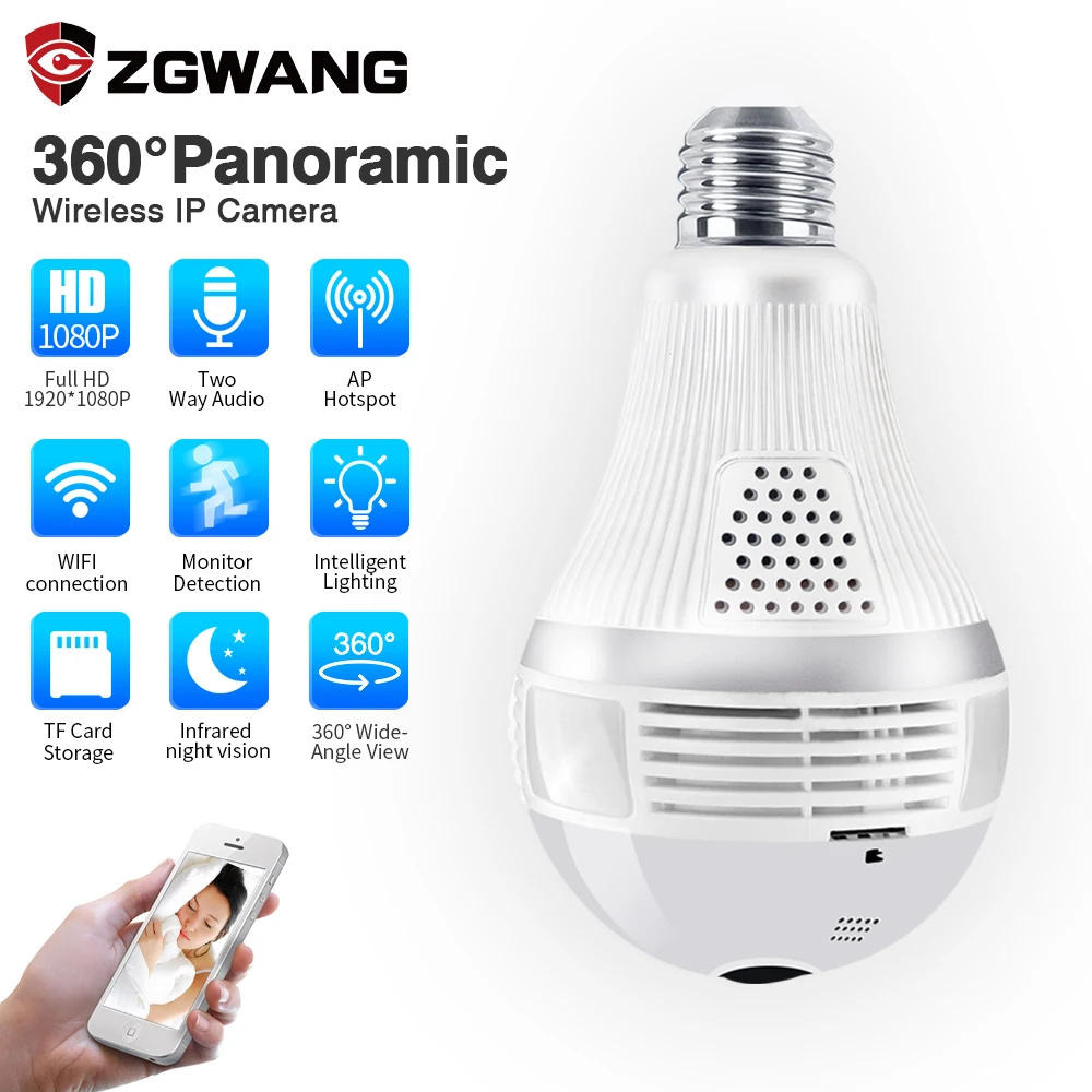 1080P 360 Домашняя безопасность wifi камера лампа панорамная IP CCTV видеонаблюдение