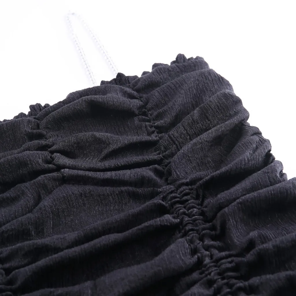 

2021 Women Black Sexy Chain Suspender Pleated Dress Spaghetti Strap Sleeveless Drawstring Mini Dresses Club Party Bodycon Dress