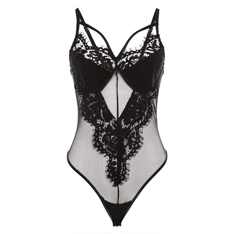 New Summer Bodysuit Women Black Sexy Lace Perspective Slim Fit Wild Was Thin V-neck Small Strap Bodysuits ropa mujer D05703Y