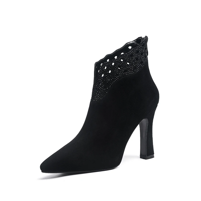 Black kid suede Universe/дизайнерская зимняя обувь с перфорацией; женские модные ботинки; botas mujer invierno; ; ботинки на высоком каблуке; женские ботильоны; J267 - Цвет: Black kid suede