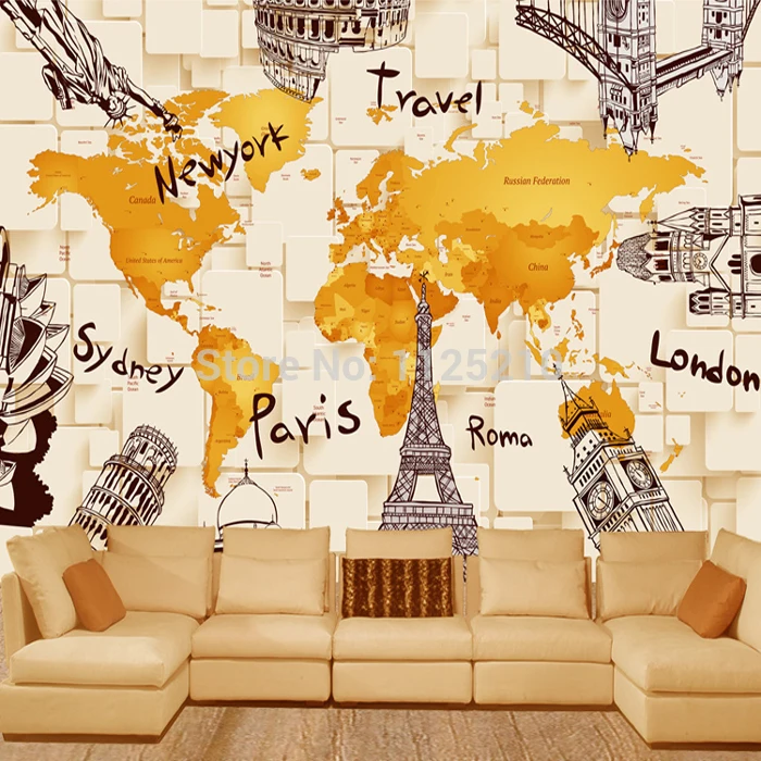 

Continental retro outline map of 3D World TV setting wall of the sitting room bedroom wallpaper Custom Size