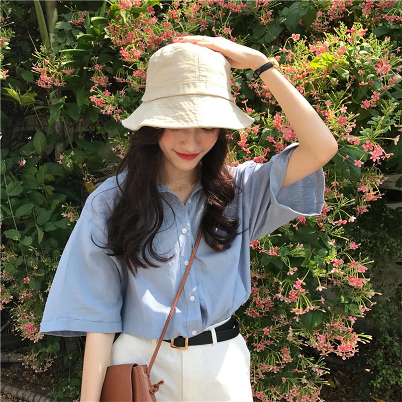 

Summer 2021 New Korean Style Loose Pure Color All-Matching Western Style Polo Collar Age-Reducing Half-Sleeve Shirt Top Women's
