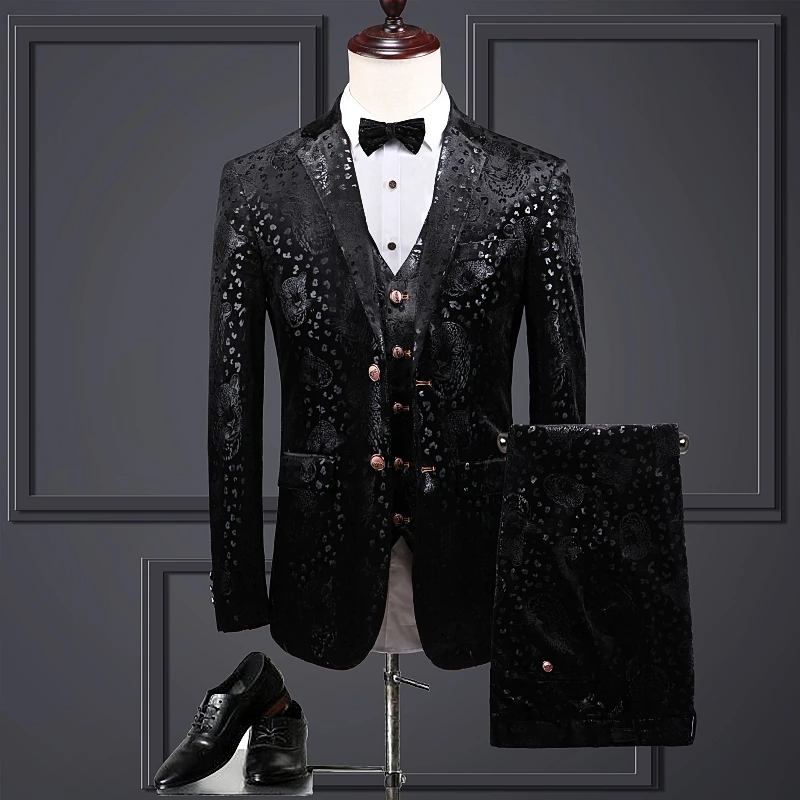 (Куртка + жилет брюки) Жених Свадебное платье леопард черный сценический мужской