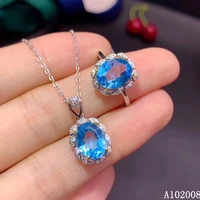 kjjeaxcmy fine jewelry 925 sterling silver inlaid natural blue topaz noble ring necklace pendant set support test
