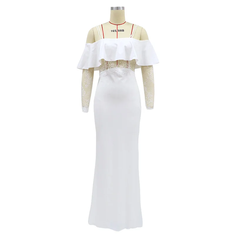 

Fashion Women sexy Long Sleeve Off shoulder Ruffle White Lace Patchwork Hollow out long maxi party dress