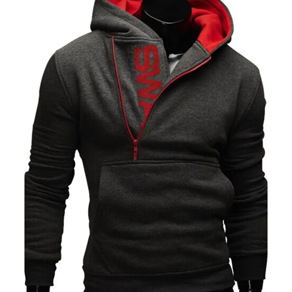 

Sports Men Plus Size Slant Zipper Letter Hoodies Long Sleeve Hooded Sweatshirt Warm Outdoor Windproof Streetwear Xmas Gift