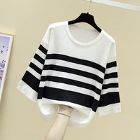 early spring 2022 new ice silk t shirt womens top short loose stripe 7 6 sleeve knitted base coat fashion