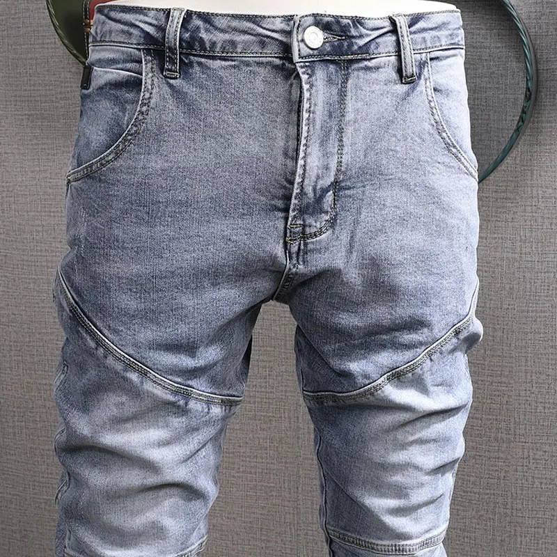 European American Street Fashion Men Jeans Retro Light Blue Elastic Spliced Designer Biker Jeans Men Hip Hop Denim Punk Pants