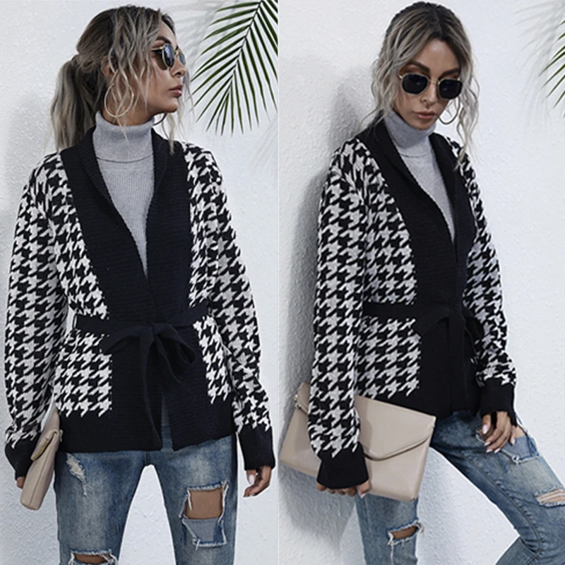 

Autumn Winter Women Vintage Bandage Cardigan Paper Bird Knitted Sweaters Long Sleeve Knitted Clothes Loose V Neck Knitwear
