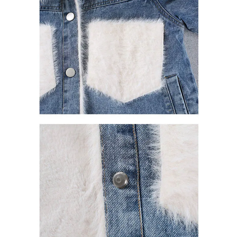 

Winter Denim Jacket Women Big Fur Collar Stitching Jeans Coat Women Plus Velvet Thick Cotton Padded Jacket Female Parkas Y580