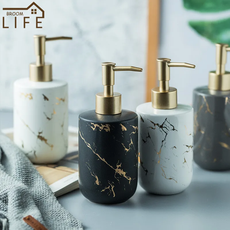 

European High Quality Matte Ceramic Marbling Portable Dispenser Soap Simplicity Press Liquid Soap Bottle Container Bathroom Set