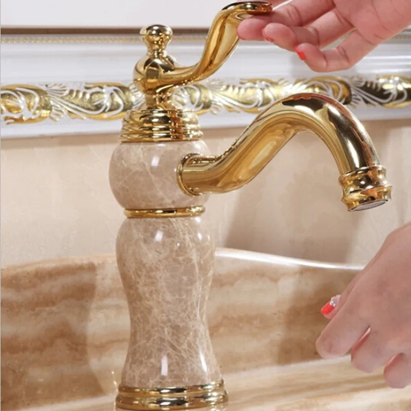 

Free Shipping Brass Jade Body Torneira Cozinha with Marble Basin Faucet Single Handle Gold Finish Basin Sink Mixers Water Taps