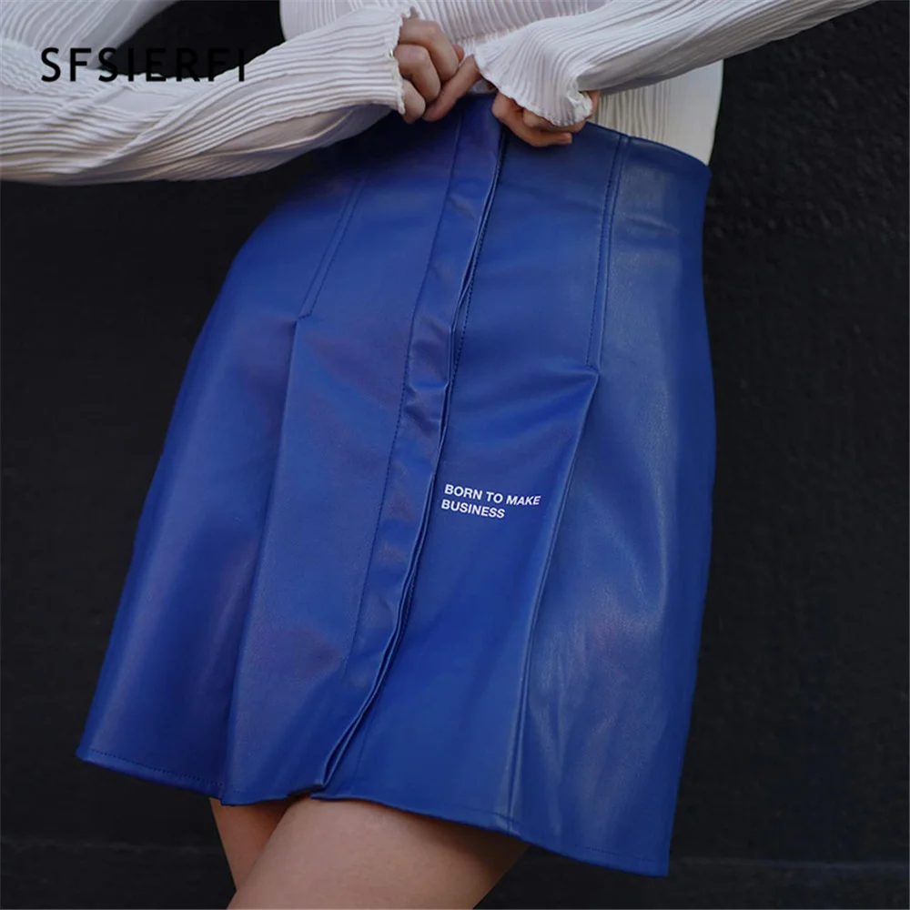 

SFSIERFI PU Leather Skirt y2k Street Hipster High Waist Royal Blue Sweet Cute Party Skirts Grunge Trendy Folds Slim Short Skirt