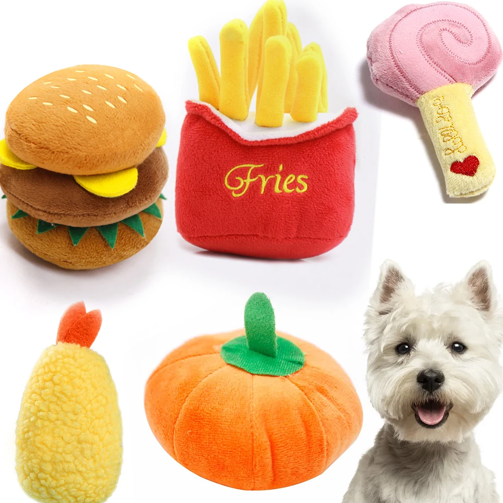 

Plush Pet Dog Toys Funny Squeaker Sound Dogs Toy French Fries Hamburger Interactive Puppy Toys Cleaning Tooth Pet Chew Toys