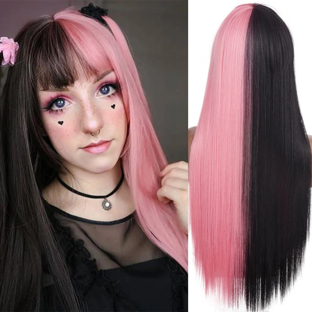 

AZQUEEN Synthetic Cosplay Wig Gray and Black Wig Long Straight hair Two Tone Ombre Color One color half Women Synthetic Hair
