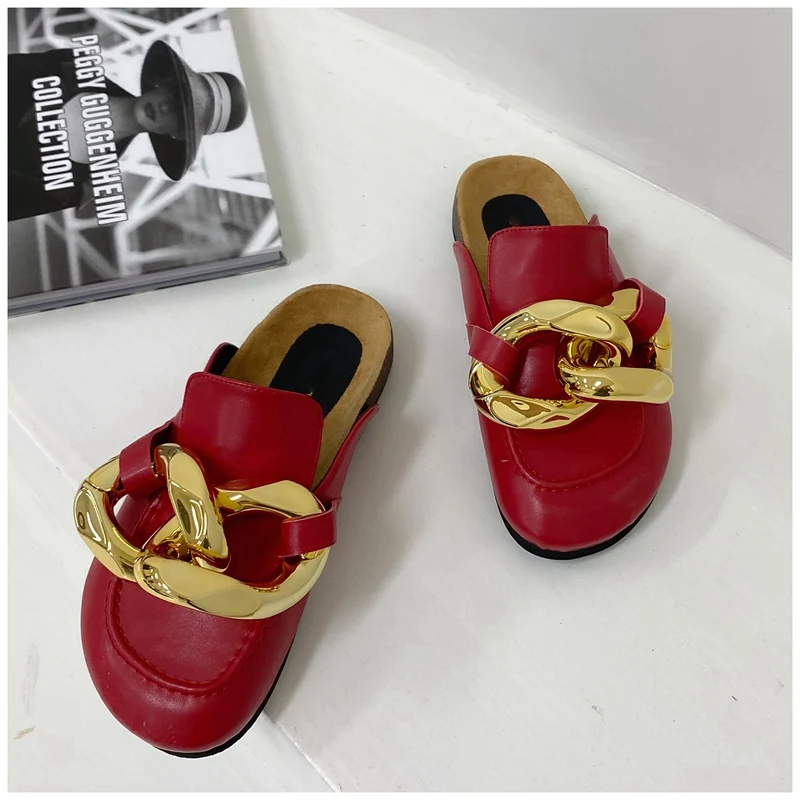 

Women's round head low-heeled gold chain closed toe casual new large gold chain Baotou slippers, retro semi-drag loafers chain