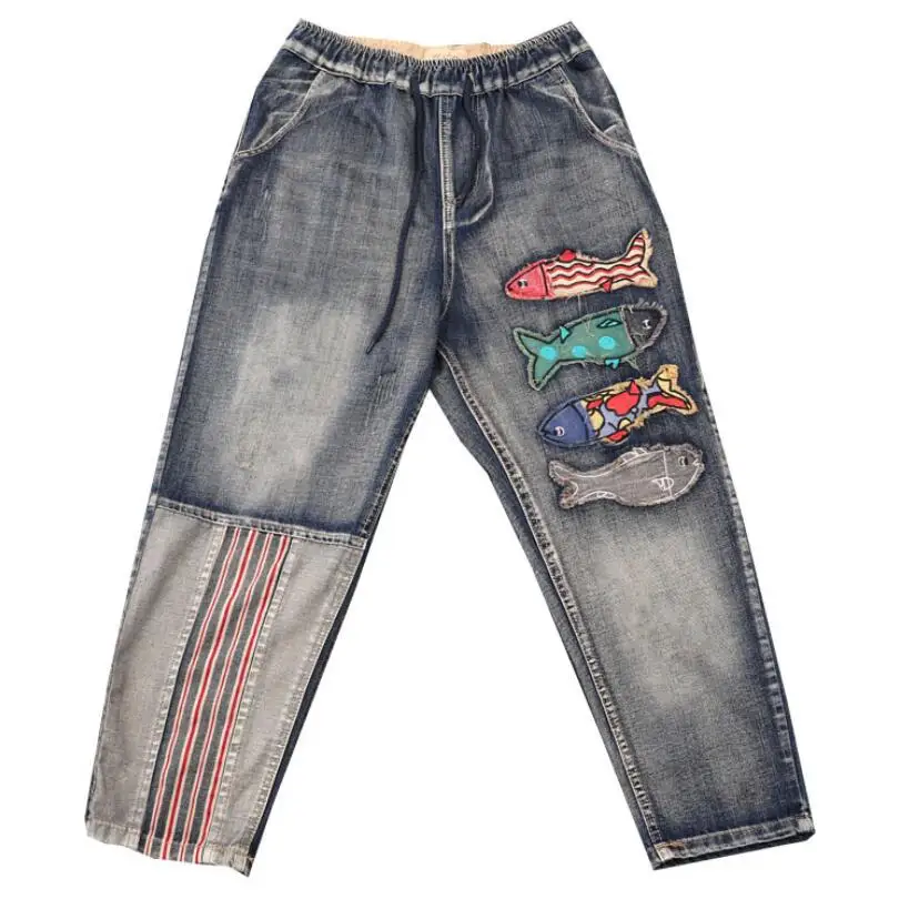 

Women Jeans Autumn Loose Retro Casual Denim Pants 2019 New Female Elastic Waist pocket Patchwork Bleached Vintage Trousers p177