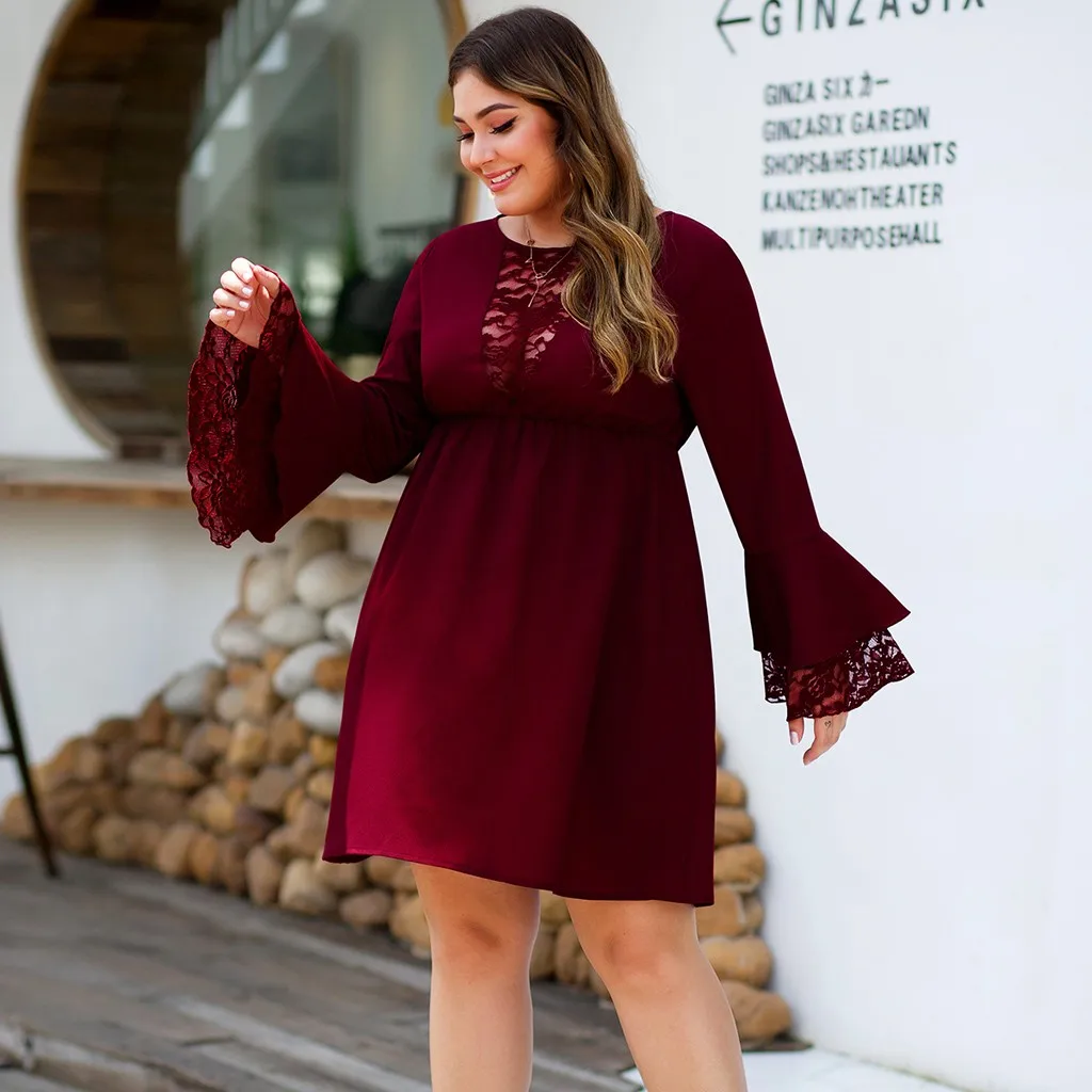 Women's Plus Size O-Neck Sexy Solid Color Lace Stitching Ruffled Sleeve Dress vestidos de fiesta noche sukienka Dropship #F | Женская