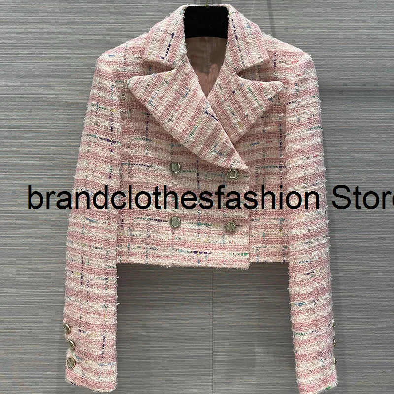 

2021 Fashion Square Plaid Extra-Short Tweed Jacket Women High Quality Long Sleeve Double Breasted Camellia Lining Slim Coat Lady