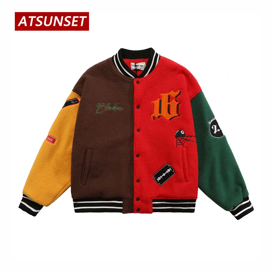 ATSUNSET Color Stitching Hip Hop Baseball Jacket Harajuku Retro Varsity Jacket Streetwear Fashion Cotton Jacket Coat Tops