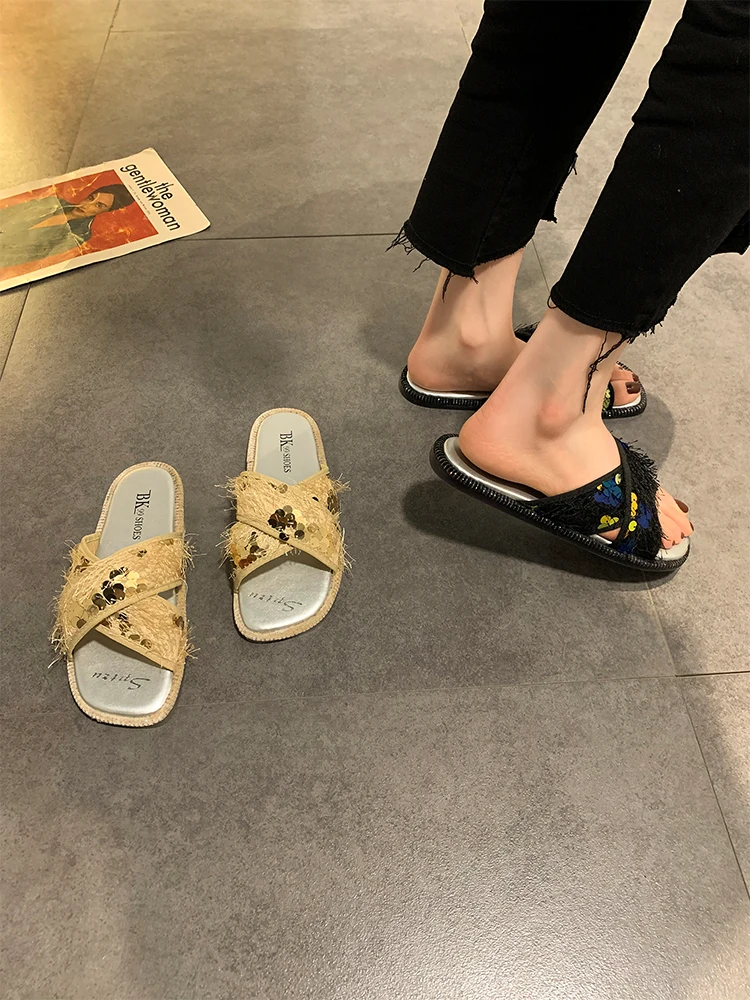 

Beige Heeled Sandals Shoes Slippers Women Summer Shale Female Beach Pantofle Slides Low Fashion Black Sabot Soft 2021 Flat