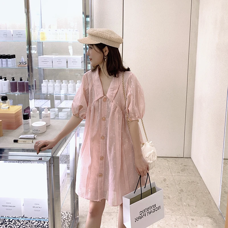 Летнее женское свободное платье милое до колен из органзы абрикосового и