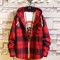 casual brand with hooded plaid shirt mens fleece red shirts long sleeves 2021 new spring autumn plus oversize m 6xl