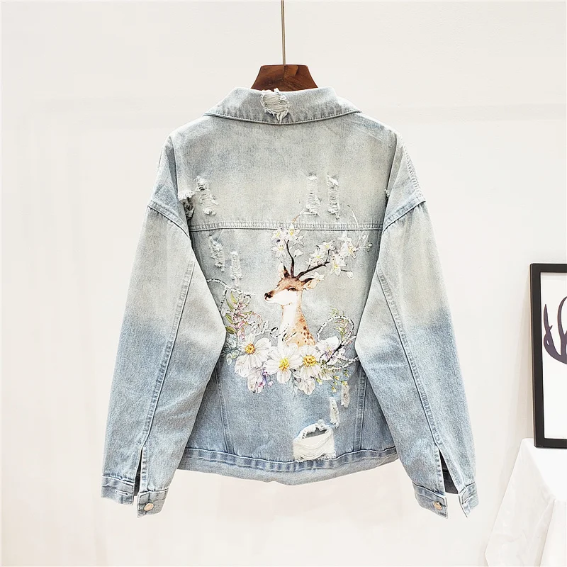 

Spring Loose Harajuku Beading Sequins Deer Print Blue Hole Denim jacket women Streetwear Autumn Casual jean jacket Ropa de mujer