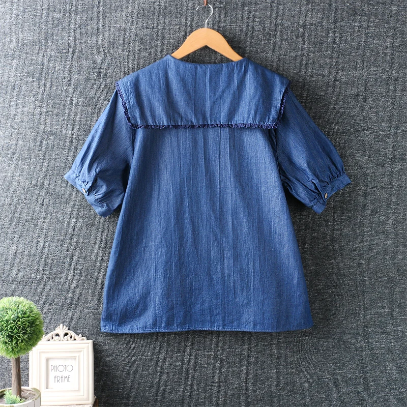 

New Summer shirt women tops sweet peter pan collar solid top short sleeve loose shirt
