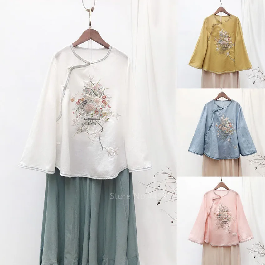 Традиционная женская льняная шифоновая рубашка топ в китайском стиле винтажная