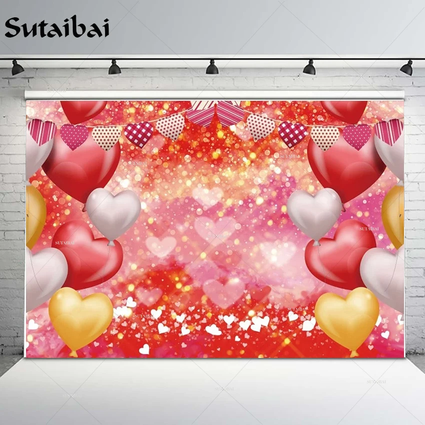 

Valentine's Day Backdrop Red Love Hearts Balloons Glitter Bokeh Photography Background for Wedding Bridal Shower Party Supplies